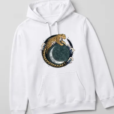 Illustration of a leopard surrounded by moon and stars in gold, black, teal, and gray — printed on a unisex hoodie