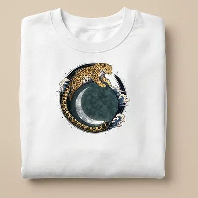 Illustration of a leopard surrounded by moon and stars in gold, black, teal, and gray — printed on a unisex sweatshirt