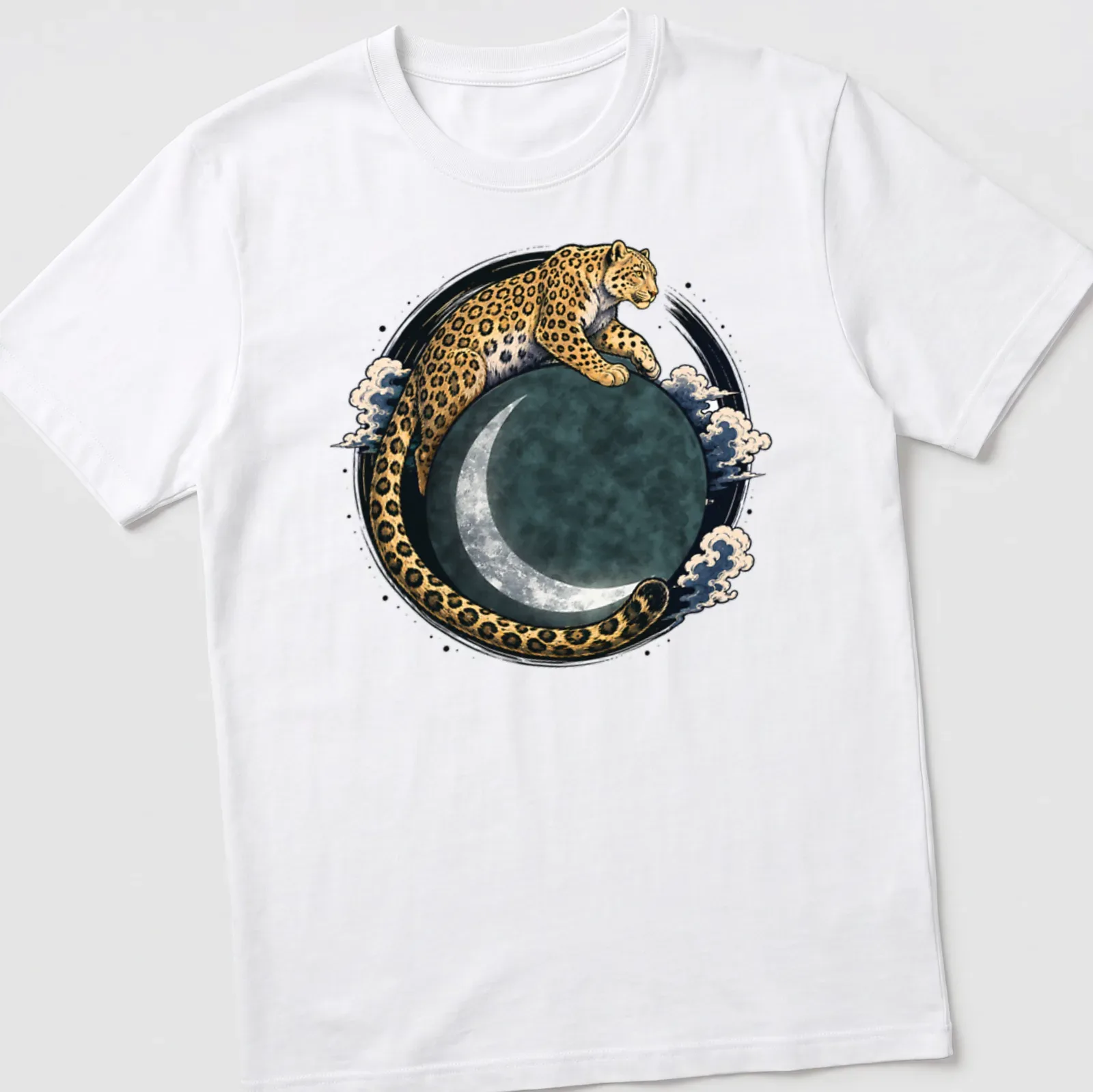 Illustration of a leopard surrounded by moon and stars in gold, black, teal, and gray — printed on a unisex t-shirt