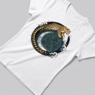 Illustration of a leopard surrounded by moon and stars in gold, black, teal, and gray — printed on a women's shirt
