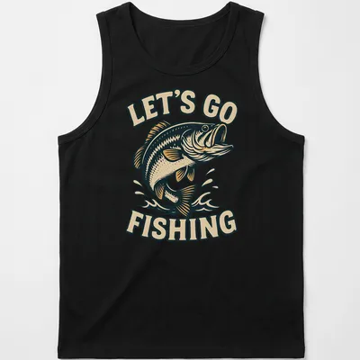 Vintage tee featuring a bass fish and the phrase Let's Go Fishing in warm colors — printed on a tank top