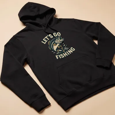 Vintage tee featuring a bass fish and the phrase Let's Go Fishing in warm colors — printed on a unisex hoodie