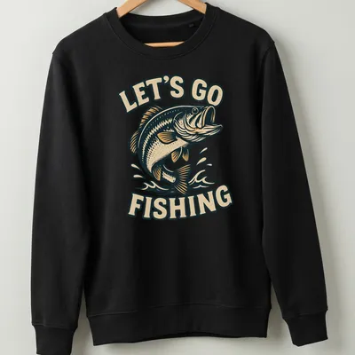 Vintage tee featuring a bass fish and the phrase Let's Go Fishing in warm colors — printed on a unisex sweatshirt