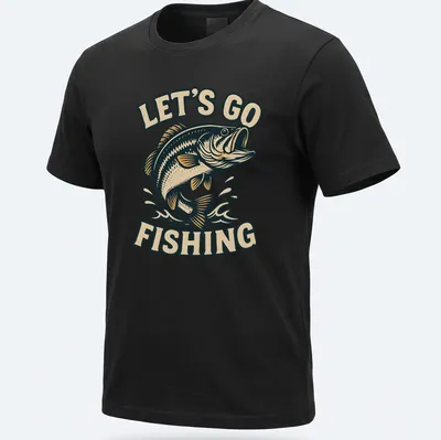 Vintage tee featuring a bass fish and the phrase Let's Go Fishing in warm colors