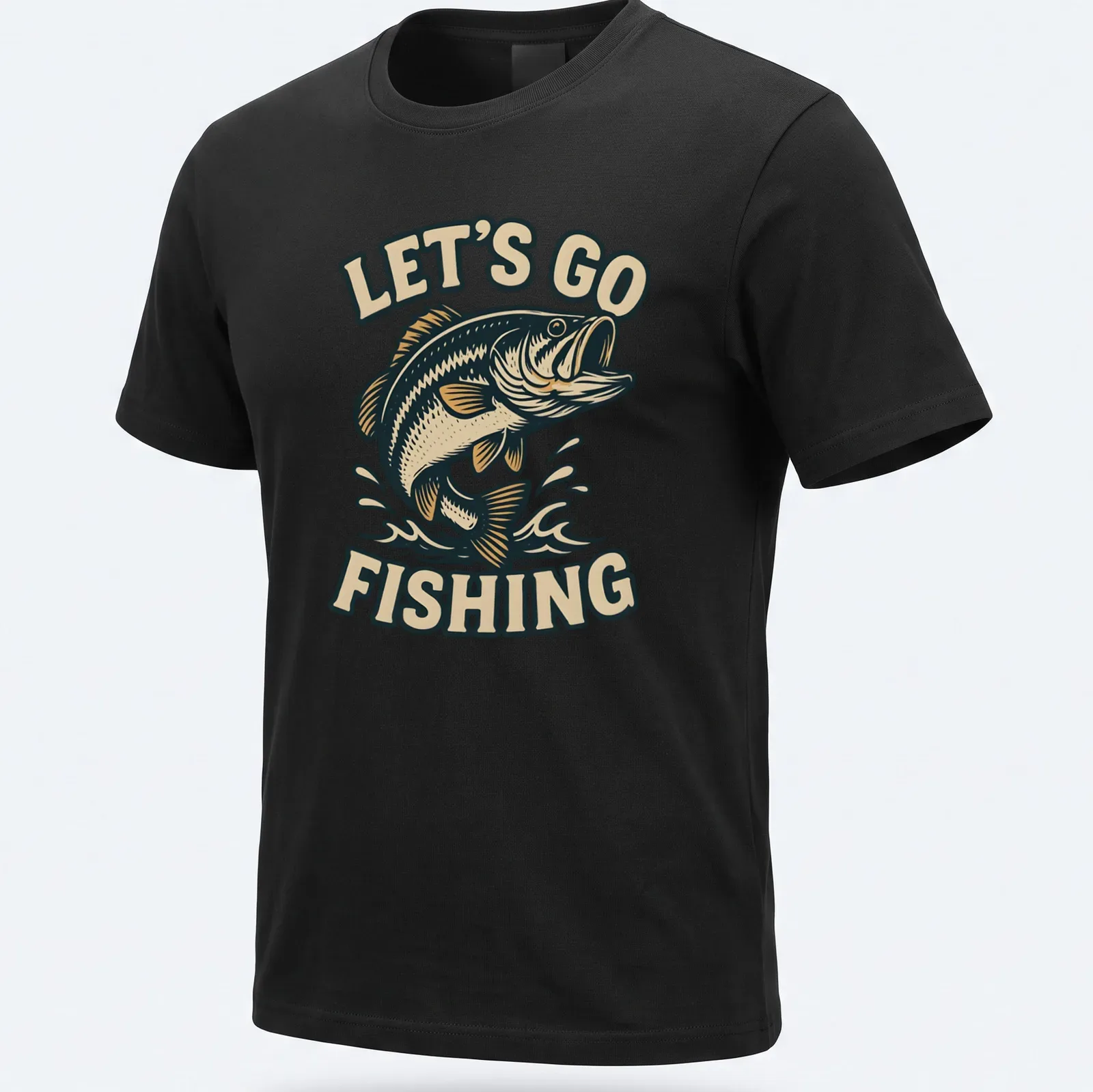 Vintage tee featuring a bass fish and the phrase Let's Go Fishing in warm colors — printed on a unisex t-shirt