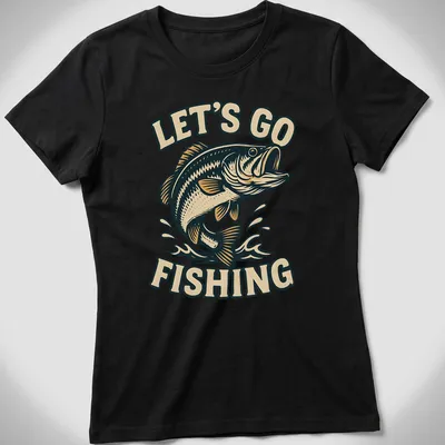 Vintage tee featuring a bass fish and the phrase Let's Go Fishing in warm colors — printed on a women's shirt