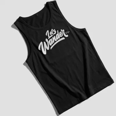 Vintage camping scene with trees, tent, and text 'LET'S WANDER' in earthy colors — printed on a tank top