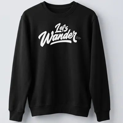 Vintage camping scene with trees, tent, and text 'LET'S WANDER' in earthy colors — printed on a unisex sweatshirt