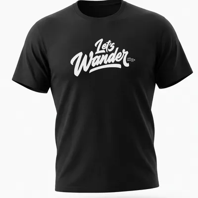 Vintage camping scene with trees, tent, and text 'LET'S WANDER' in earthy colors — printed on a unisex t-shirt