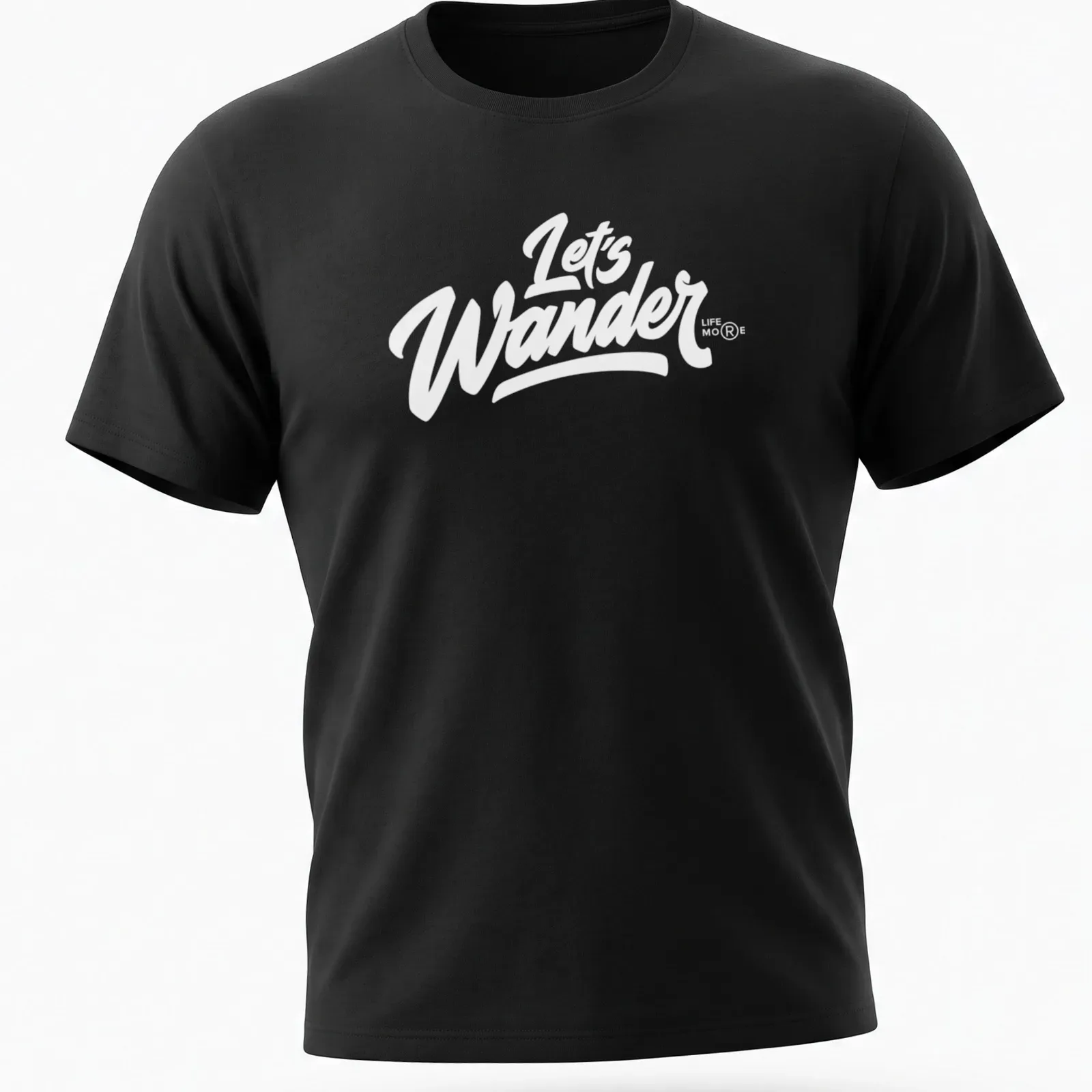Vintage camping scene with trees, tent, and text 'LET'S WANDER' in earthy colors — printed on a unisex t-shirt