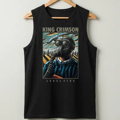 Vintage King Crimson tee featuring gas mask figure and bold lettering — printed on a tank top
