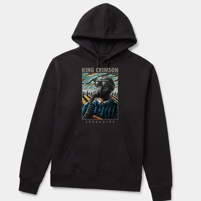 Vintage King Crimson tee featuring gas mask figure and bold lettering — printed on a unisex hoodie