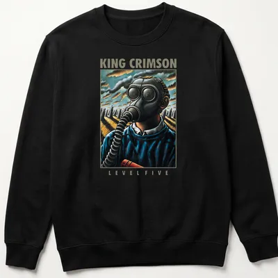 Vintage King Crimson tee featuring gas mask figure and bold lettering — printed on a unisex sweatshirt