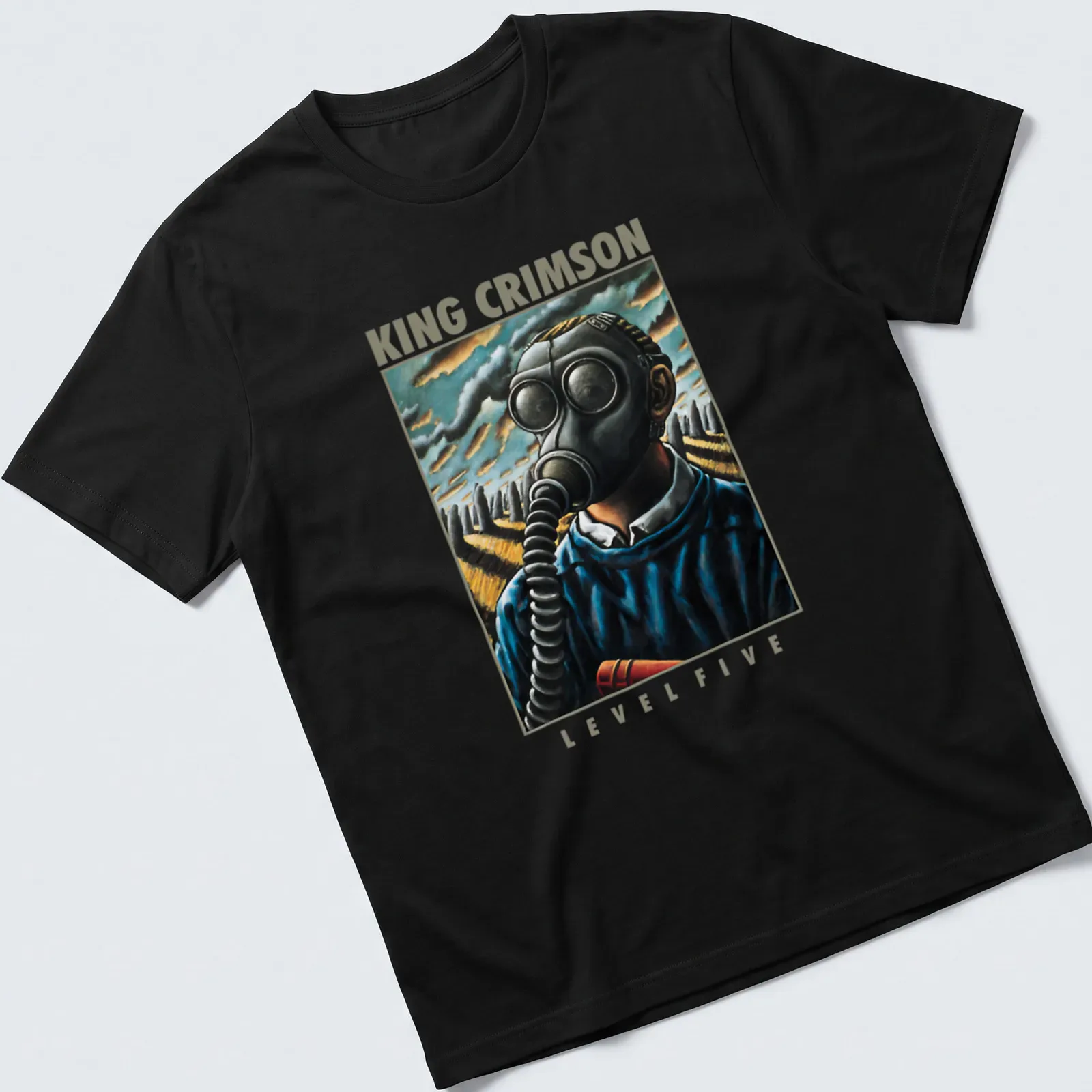 Vintage King Crimson tee featuring gas mask figure and bold lettering — printed on a unisex t-shirt