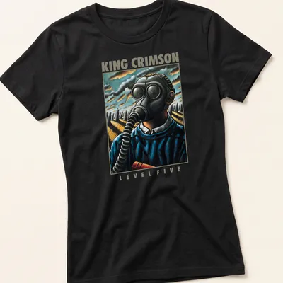 Vintage King Crimson tee featuring gas mask figure and bold lettering — printed on a women's shirt