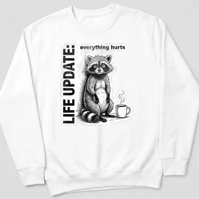 Vintage illustration of a raccoon with the text 'LIFE UPDATE: everything hurts' in black, white, and gray — printed on a unisex sweatshirt
