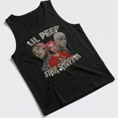 Glittery design featuring Lil Peep with bold lettering in pink, black, and gold — printed on a tank top