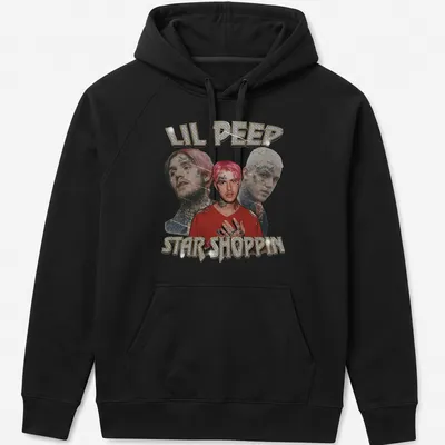 Glittery design featuring Lil Peep with bold lettering in pink, black, and gold — printed on a unisex hoodie
