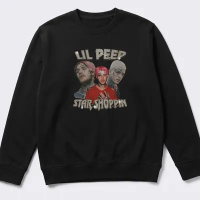 Glittery design featuring Lil Peep with bold lettering in pink, black, and gold — printed on a unisex sweatshirt