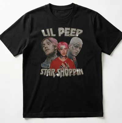 Glittery design featuring Lil Peep with bold lettering in pink, black, and gold — printed on a unisex t-shirt