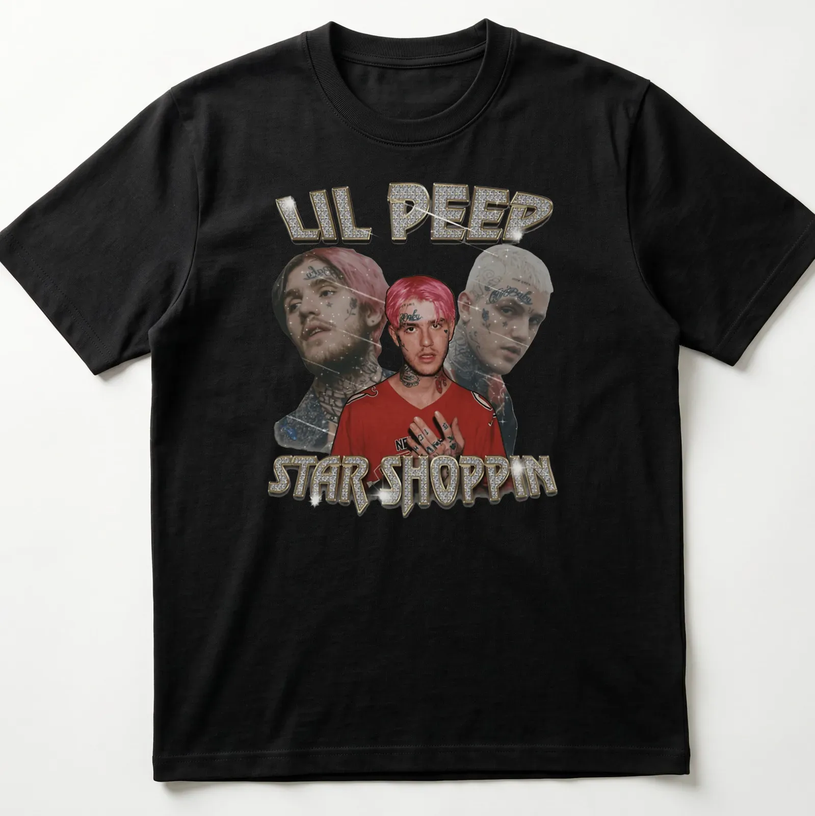 Glittery design featuring Lil Peep with bold lettering in pink, black, and gold — printed on a unisex t-shirt