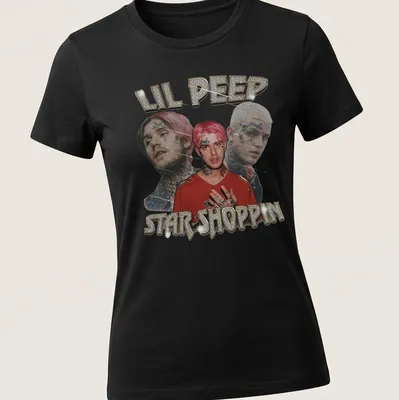 Glittery design featuring Lil Peep with bold lettering in pink, black, and gold — printed on a women's shirt