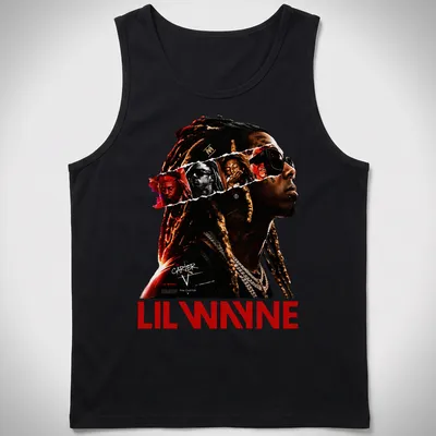 Bold graphic shirt featuring Lil Wayne Carter V design in black, red, white, and gold — printed on a tank top