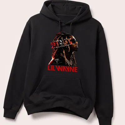 Bold graphic shirt featuring Lil Wayne Carter V design in black, red, white, and gold — printed on a unisex hoodie