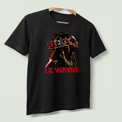 Bold graphic shirt featuring Lil Wayne Carter V design in black, red, white, and gold — printed on a unisex t-shirt (angled view)