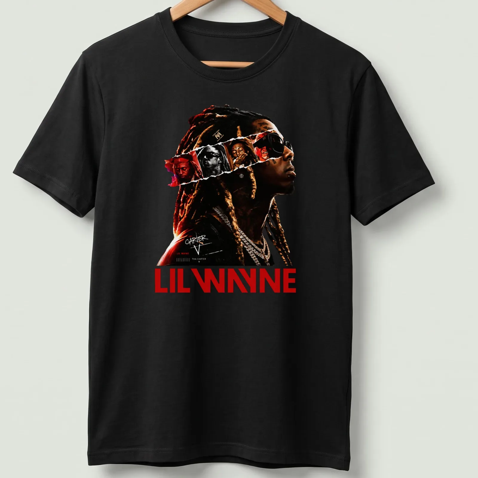 Bold graphic shirt featuring Lil Wayne Carter V design in black, red, white, and gold — printed on a unisex t-shirt
