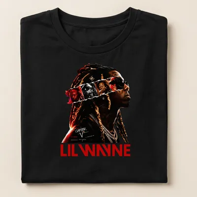 Bold graphic shirt featuring Lil Wayne Carter V design in black, red, white, and gold — printed on a women's shirt