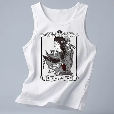 Vintage gothic engraving t-shirt featuring the text 'Literary Artifact' and literary figures in black and red — printed on a tank top
