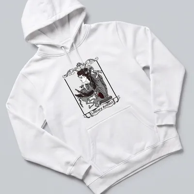 Vintage gothic engraving t-shirt featuring the text 'Literary Artifact' and literary figures in black and red — printed on a unisex hoodie