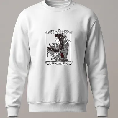 Vintage gothic engraving t-shirt featuring the text 'Literary Artifact' and literary figures in black and red — printed on a unisex sweatshirt