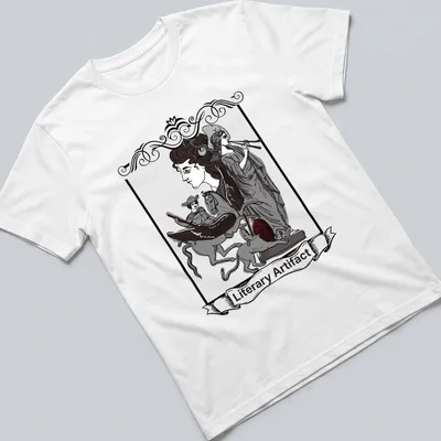 Vintage gothic engraving t-shirt featuring the text 'Literary Artifact' and literary figures in black and red