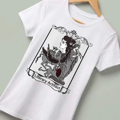 Vintage gothic engraving t-shirt featuring the text 'Literary Artifact' and literary figures in black and red — printed on a women's shirt