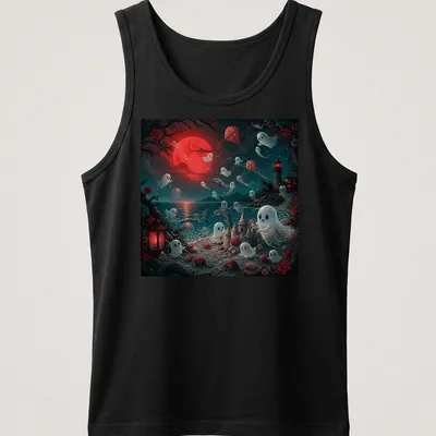 Whimsical ghosts playing at the beach under moonlight, colorful illustration — printed on a tank top