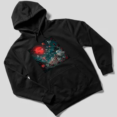 Whimsical ghosts playing at the beach under moonlight, colorful illustration — printed on a unisex hoodie