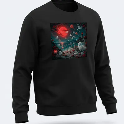 Whimsical ghosts playing at the beach under moonlight, colorful illustration — printed on a unisex sweatshirt