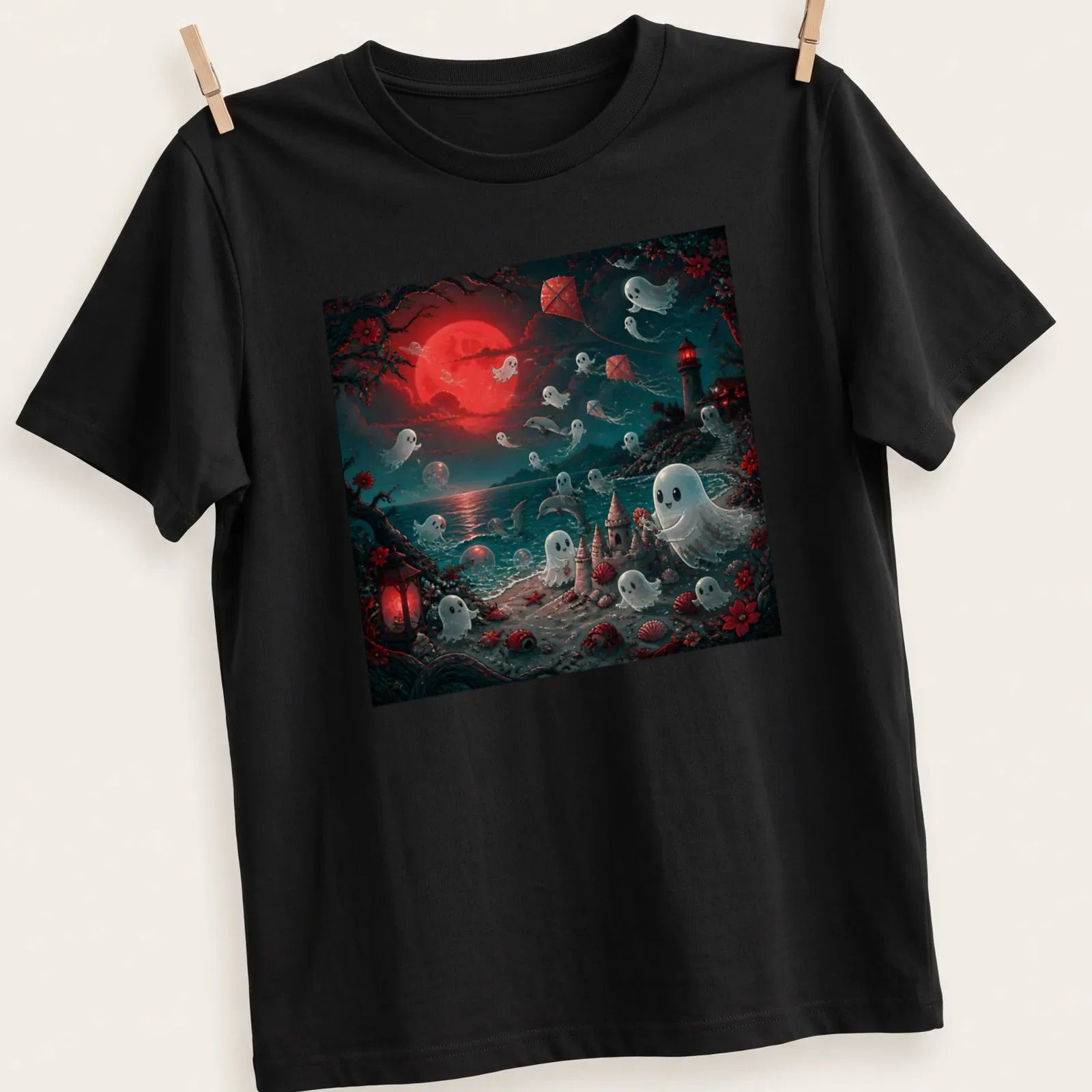 Whimsical ghosts playing at the beach under moonlight, colorful illustration — printed on a unisex t-shirt