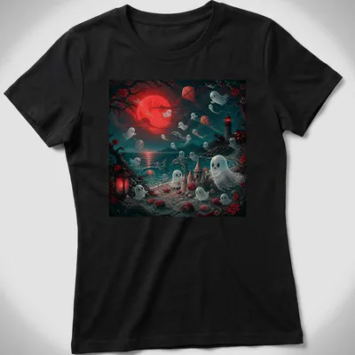 Whimsical ghosts playing at the beach under moonlight, colorful illustration — printed on a women's shirt