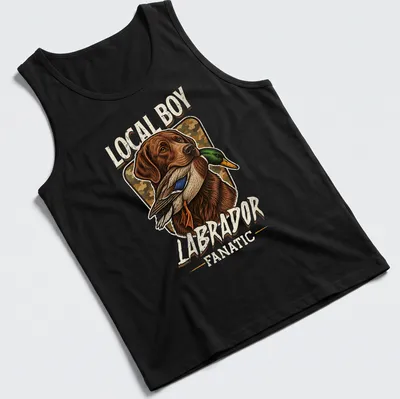 Vintage detailed Labrador Retriever graphic on Local Boy hunting — printed on a tank top