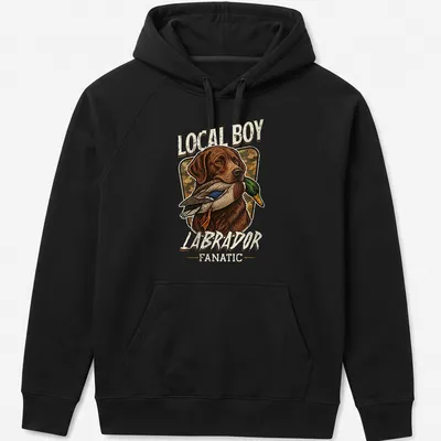 Vintage detailed Labrador Retriever graphic on Local Boy hunting — printed on a unisex hoodie
