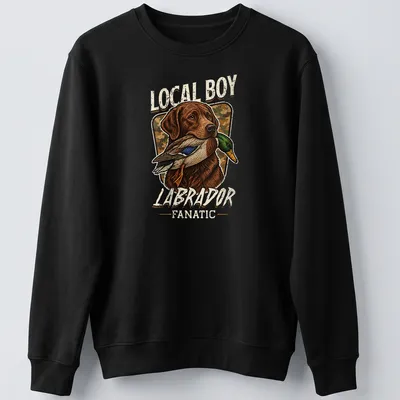 Vintage detailed Labrador Retriever graphic on Local Boy hunting — printed on a unisex sweatshirt