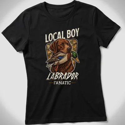 Vintage detailed Labrador Retriever graphic on Local Boy hunting — printed on a women's shirt