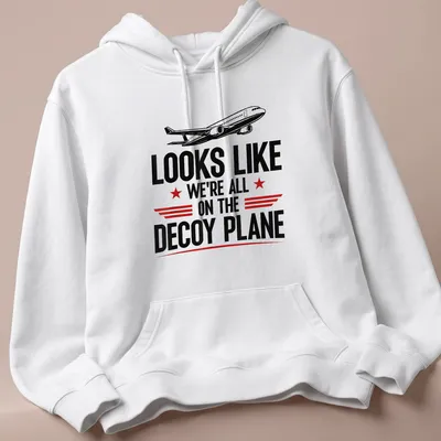 Funny airplane graphic t-shirt with bold text about a decoy plane — printed on a unisex hoodie