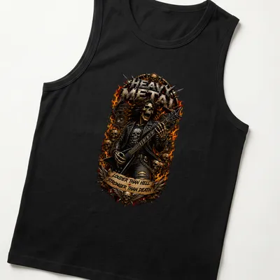 Illustration of a skeleton guitarist with heavy metal text in black, gold, and red — printed on a tank top