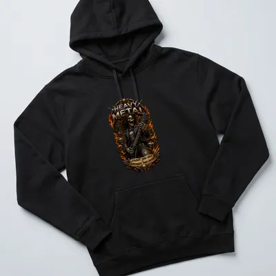 Illustration of a skeleton guitarist with heavy metal text in black, gold, and red — printed on a unisex hoodie