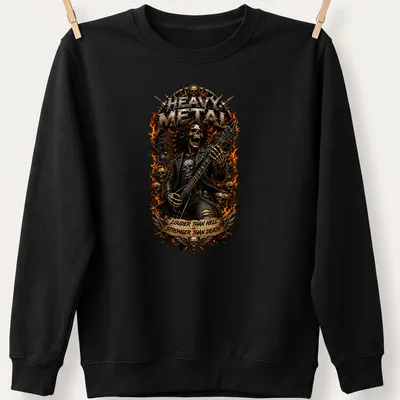 Illustration of a skeleton guitarist with heavy metal text in black, gold, and red — printed on a unisex sweatshirt