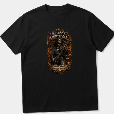 Illustration of a skeleton guitarist with heavy metal text in black, gold, and red — printed on a unisex t-shirt
